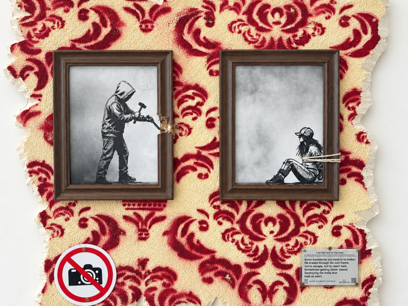 BREAKING THE FRAME
Mart Signed Italian, 1988 | 2026 | Mixed media on reclaimed wall fragment, stencil and spray paint