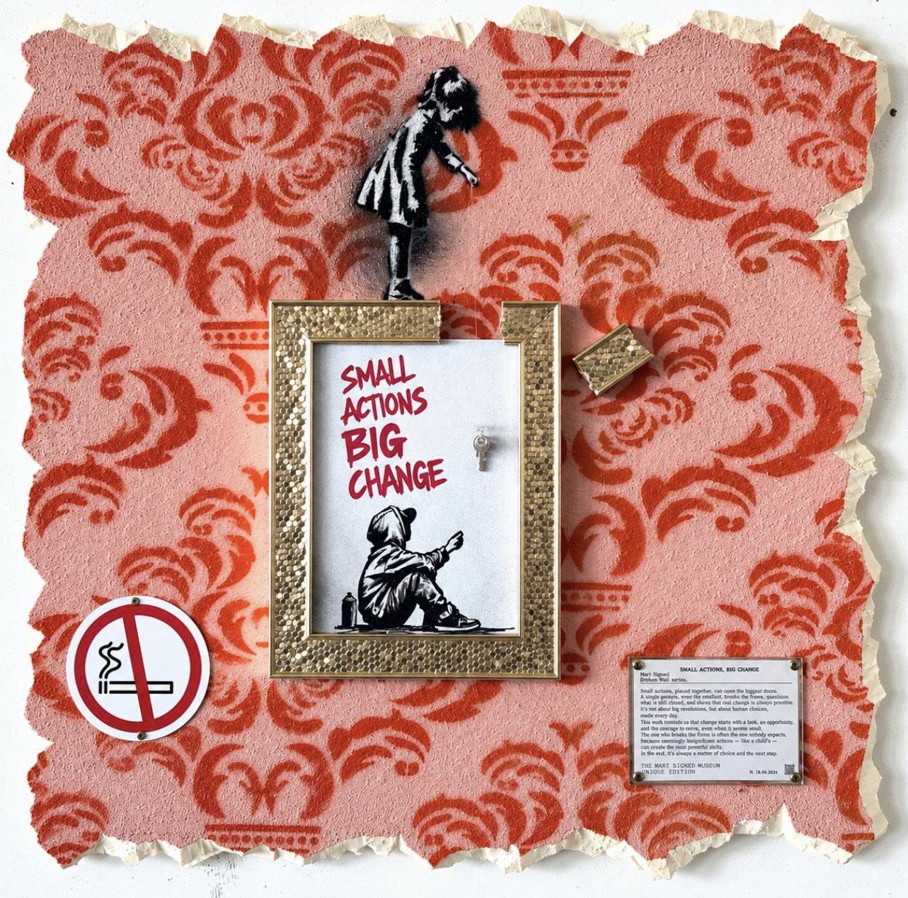 BREAKING THE FRAME
Mart Signed Italian, 1988 | 2026 | Mixed media on reclaimed wall fragment, stencil and spray paint
